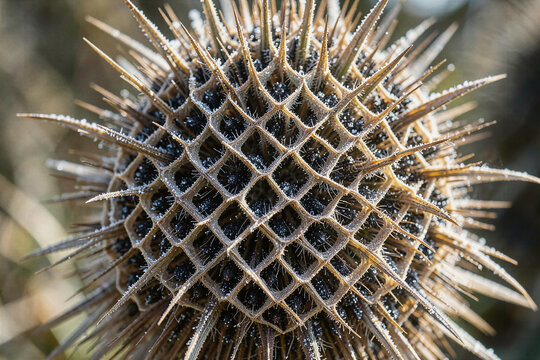 Macro Shot of Frost Rimmed Spiky Teasel Seed Head