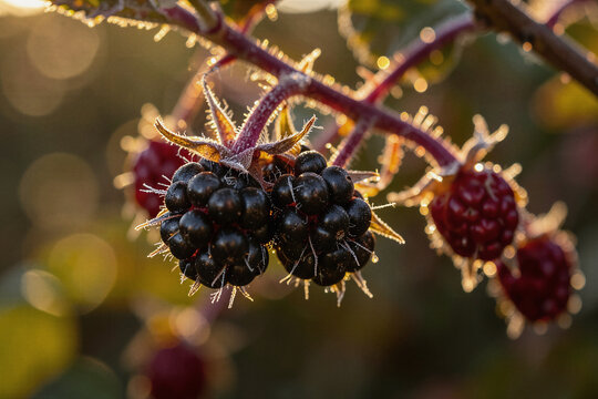 Frost Kissed Wild Blackberries Illuminated By Golden Autumn Sunlight