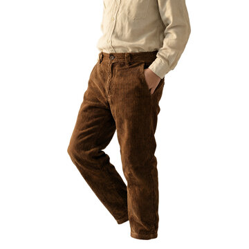 Corduroy pants fashion trousers model standing with hands in pockets showcased on a transparent background for professional styling catalogs