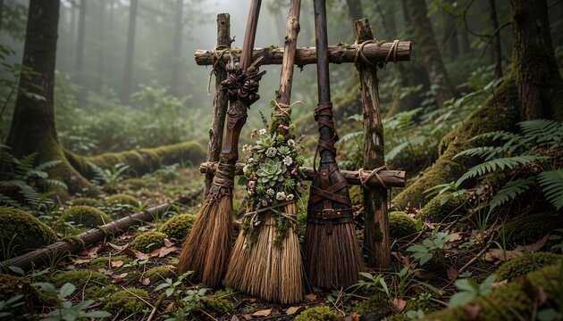 Three magical witch brooms leaning against a rustic wooden rack in a misty, mossy enchanted forest with lush green ferns and trees.