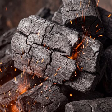 Close-up of glowing charcoal embers with bright orange sparks flying, suggesting warmth and imminent combustion.