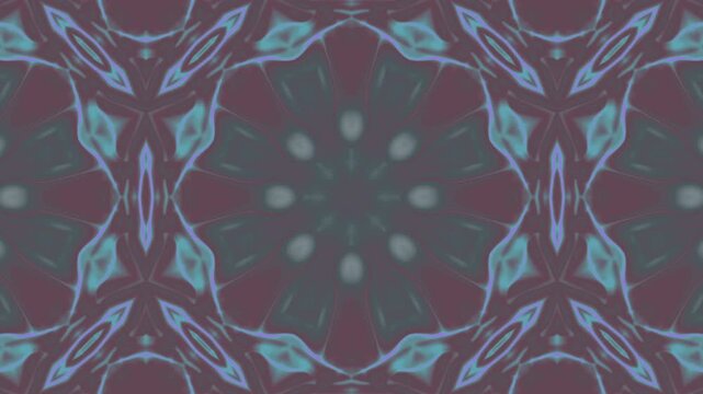 Abstract kaleidoscopic pattern with muted teal and dark maroon geometric shapes.