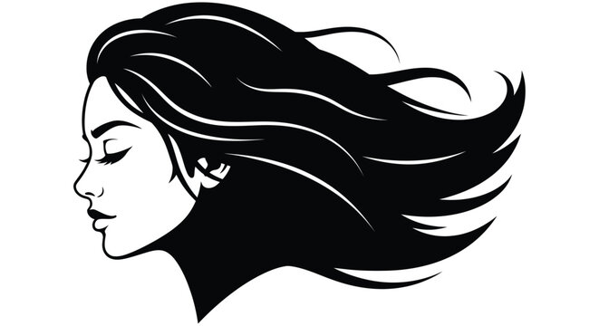 Woman s head silhouette with flowing hair against a white background