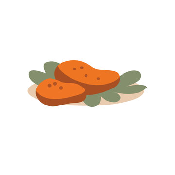 Sliced roasted meat on a plate with savory gravy for holiday dinner in flat vector style