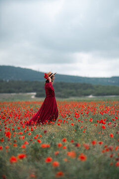 Woman poppy field red dress walking alone through vast summer flower meadow under dramatic sky