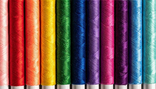 Close-up of colorful spools of thread arranged side by side, showcasing vivid purple, blue, green, yellow, orange, pink, red, and black fibers with detailed texture