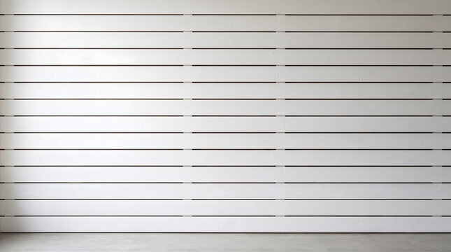 Modern Horizontal White Wooden Slat Wall Panel Texture Background with Clean Parallel Wood Planks and Modern Floor in Interior Studio