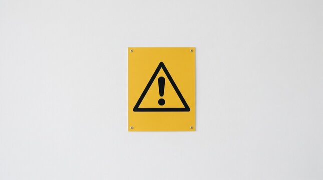 Yellow warning sign with exclamation mark mounted on a white wall