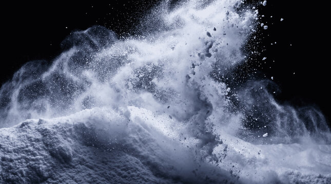 Winter blizzard spray overlay, dramatic explosion of fine white snow powder against a pure black background