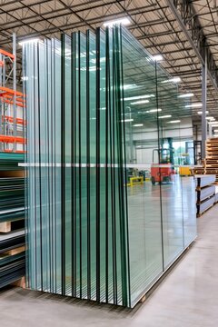 Stacked glass panels inside industrial manufacturing warehouse
