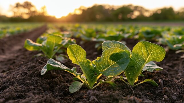 The Lettuce Plants in a Sunlit Farm Field at Dusk