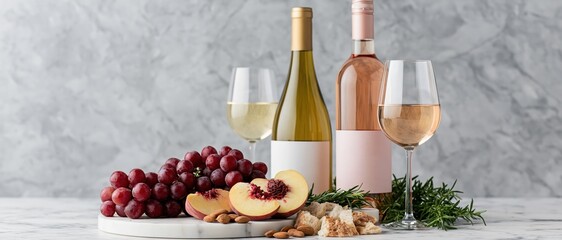 Obraz premium The Wine Bottles with Grapes and Fruit on Marble Surface Still Life