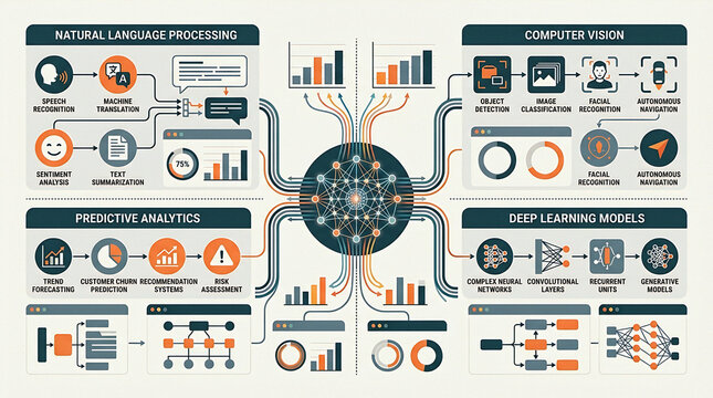 Artificial intelligence infographic machine learning applications data visualization illustration