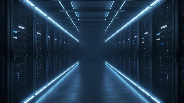 Futuristic server room corridor with glowing blue LED lights and dark server racks.