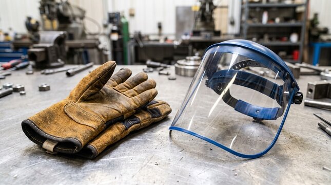 Leather work gloves and protective face shield on a metal workshop