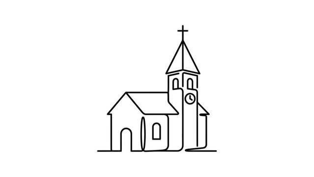 Minimalist continuous line drawing of a traditional church building.