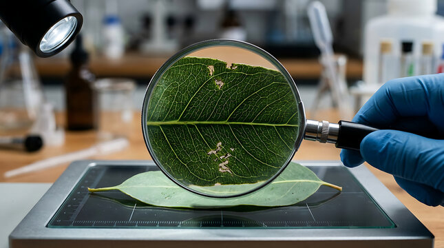 Scientist examining a damaged green leaf through a magnifying glass in a laboratory