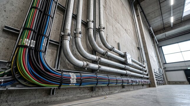 Electrical conduits and colorful wiring installed on a concrete wall