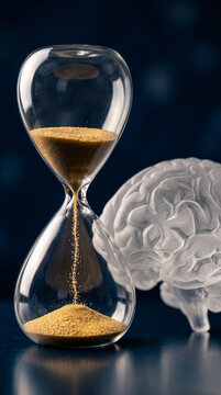 Time passing concept for cognitive aging featuring a glass hourglass with golden sand standing beside a clear crystal brain model on dark reflective surface.