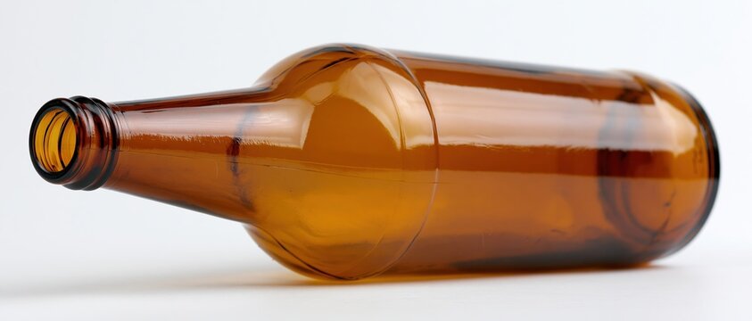 Empty amber glass beer bottle lying on its side on white background