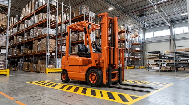Orange forklift parked in a large warehouse with industrial shelving