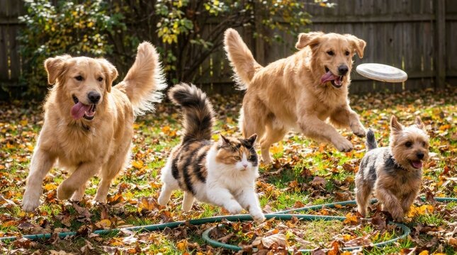 Playful dogs and energetic cat enjoying outdoor activity in garden during autumn