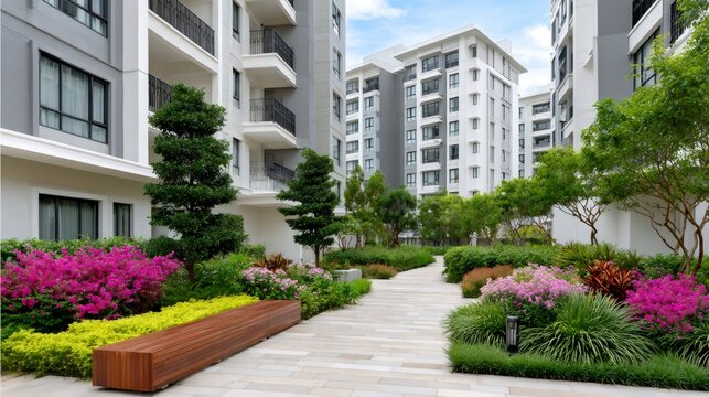 Modern residential apartment building with green courtyard garden