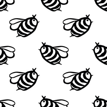 Seamless pattern with hand drawn happy funny cute honey bee Adorable flying striped insect friendly kawaii bumble bee For kids print, wrapping paper, packaging, fabric