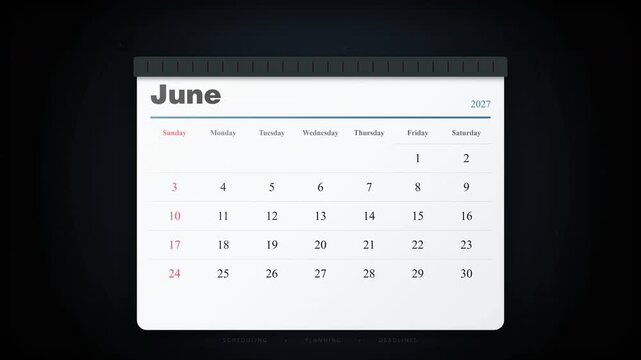 Sleek digital calendar page with June 2027 dates clearly displayed, concept for future planning, event scheduling, business deadlines, and personal organization.