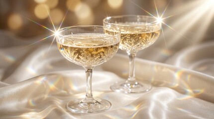 Obraz premium Glamorous close-up of two crystal coupe glasses filled with champagne. Stunning optical refractions, starburst highlights, and rainbow prisms on a light background. Perfect for luxury party concepts