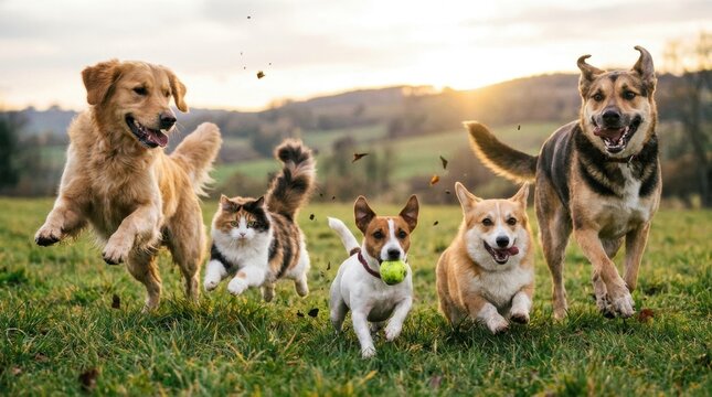 Playful Dogs and Cats Running in Green Field During Sunset