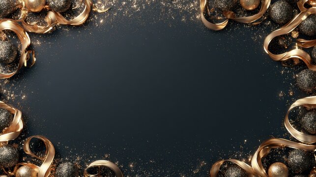 Festive gold ribbons and ornaments on dark copy space