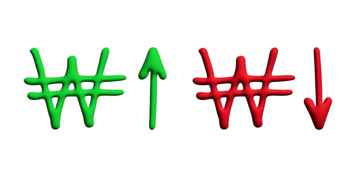 3d won currency symbol Growth and fall profit with arrow up and down Element for design