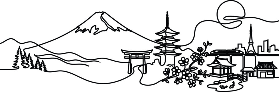 Continuous one line art drawing of Japan skyline with Mount Fuji, pagoda, torii gate, cherry blossom and Tokyo city, minimalist travel landmark banner vector illustration.