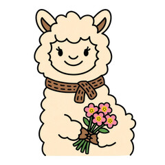 Obraz premium Cute Alpaca Holding a Colorful Flower Bouquet Cartoon Illustration