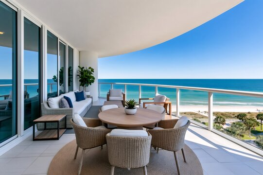Modern balcony furniture with ocean view in Florida