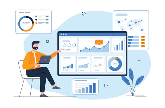 Marketing Analytics Dashboard Illustration with Business Performance Charts and Data Visualization and business people working on monitor
