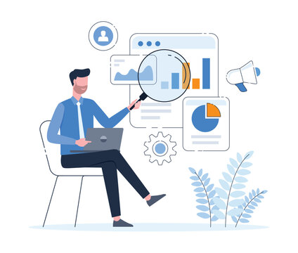 businesiness marketing analytics and research concept. flat vector illustration business people working with report graph 