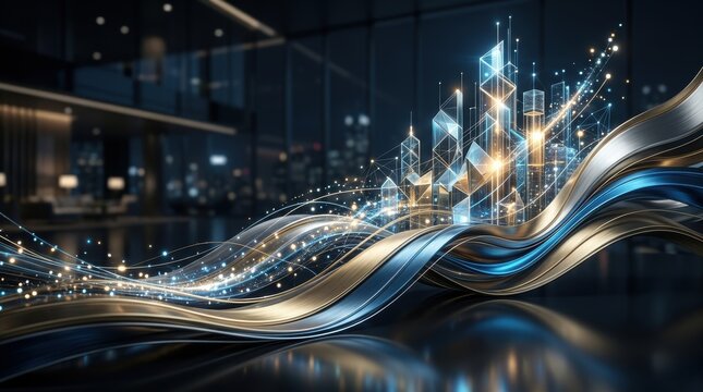 Futuristic data analysis concept with digital wave and glowing cityscape