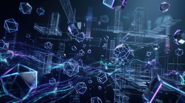 Futuristic Digital Network with Floating Geometric Shapes and Data Streams