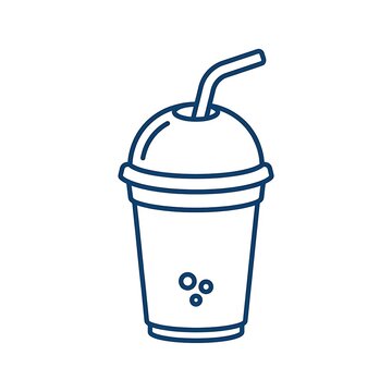 Disposable plastic cup with straw line art icon on white background