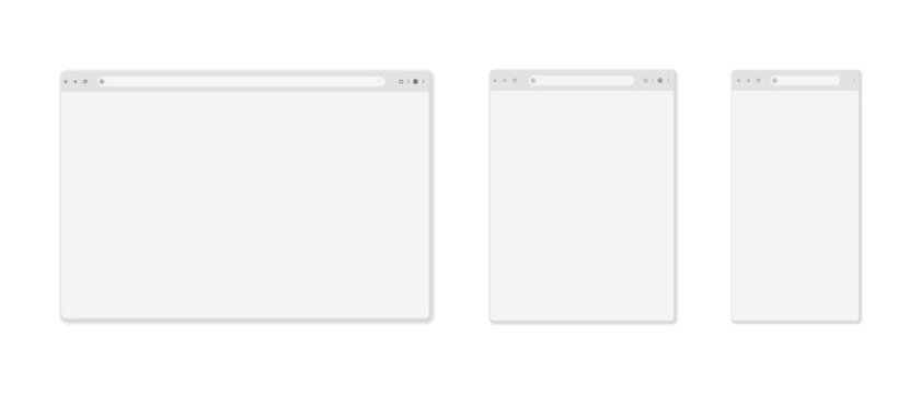 Web browser window page mockup template set for desktop or laptop, tablet and mobile. Search bar interface, vector illustration