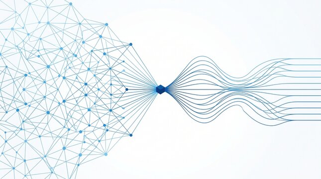 Abstract network data converging into streamlined flow, connectivity visualization