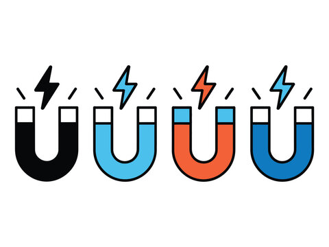 Magnet icons in multiple styles representing magnetic attraction, lead generation, business growth, physics concepts, attraction, connection, and influence