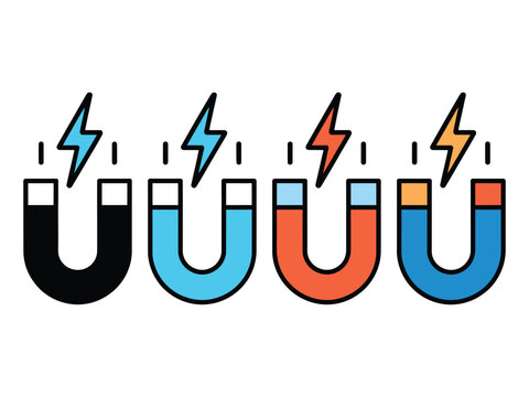 Magnet icons in multiple styles representing magnetic attraction, lead generation, business growth, physics concepts, attraction, connection, and influence