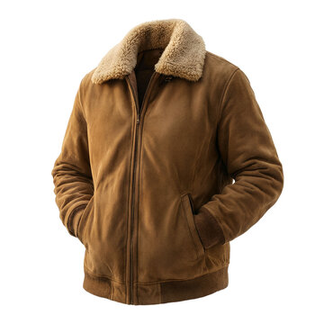 Jacket bomber leather brown fur winter apparel shown isolated on a transparent background for fashion retail product photography