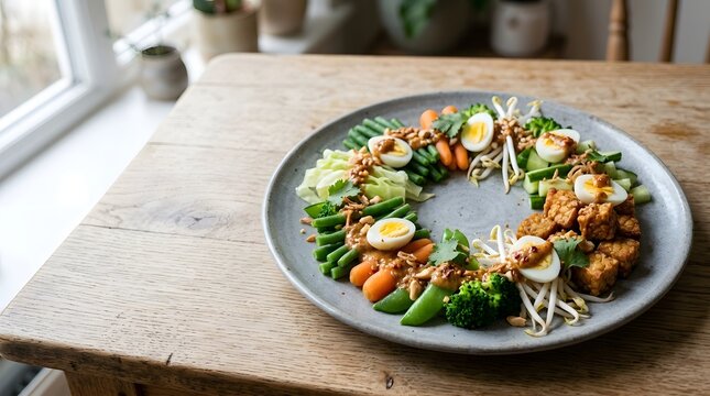 Colorful Vegetable Plate with Boiled Egg and Crispy Tofu on Gray Plate
