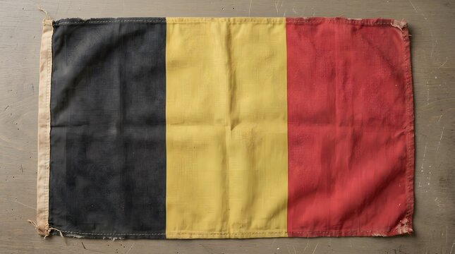 Vintage fabric flag of belgium with black yellow and red vertical stripes on a wooden surface