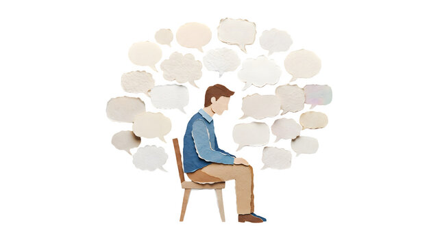 Paper cut style illustration of a lonely man sitting on a chair surrounded by many empty speech bubbles isolated on transparent background