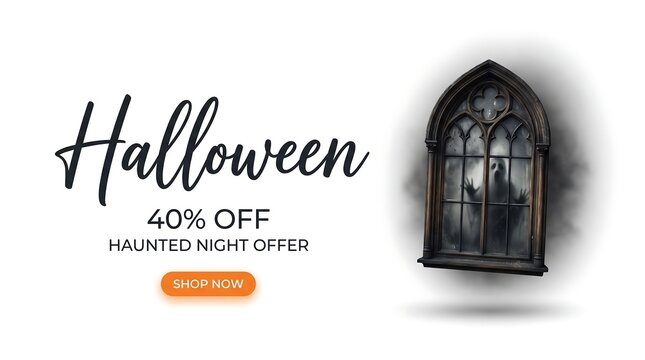 Halloween 40% off haunted night offer banner with a dark gothic window frame, a ghostly figure behind glass, and an orange shop now button on white background